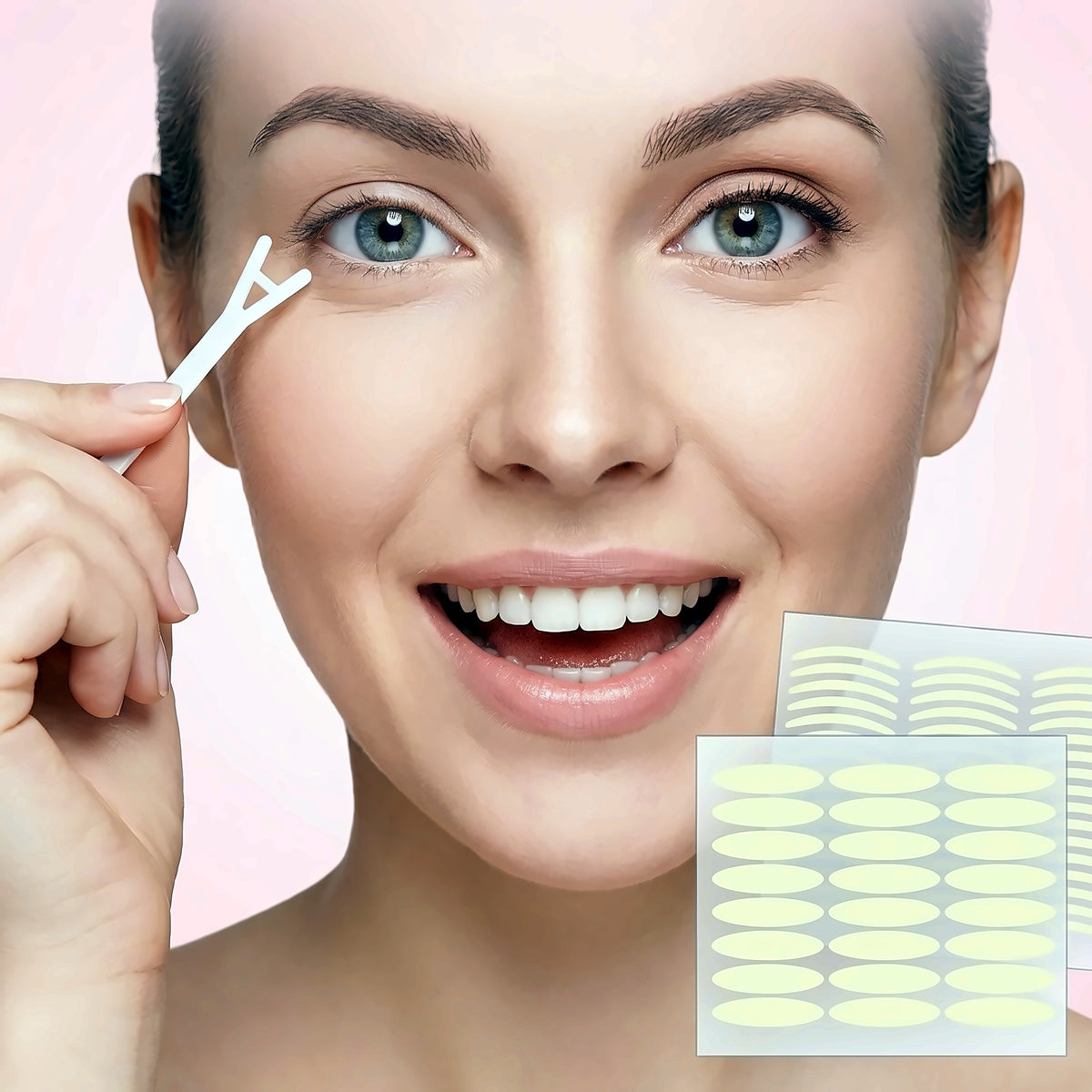 Woman placing a double eyelid strip with the Y-fork applicator