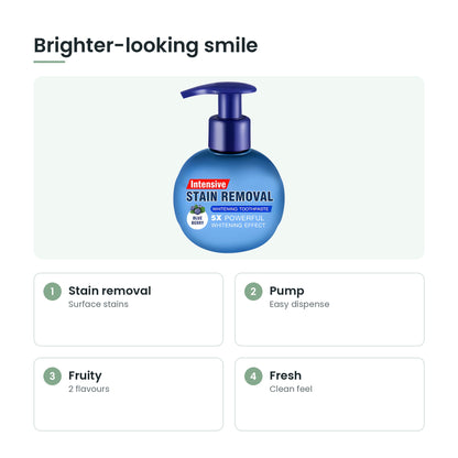 Stain removal toothpaste key features: stain removal, pump, fruity, fresh