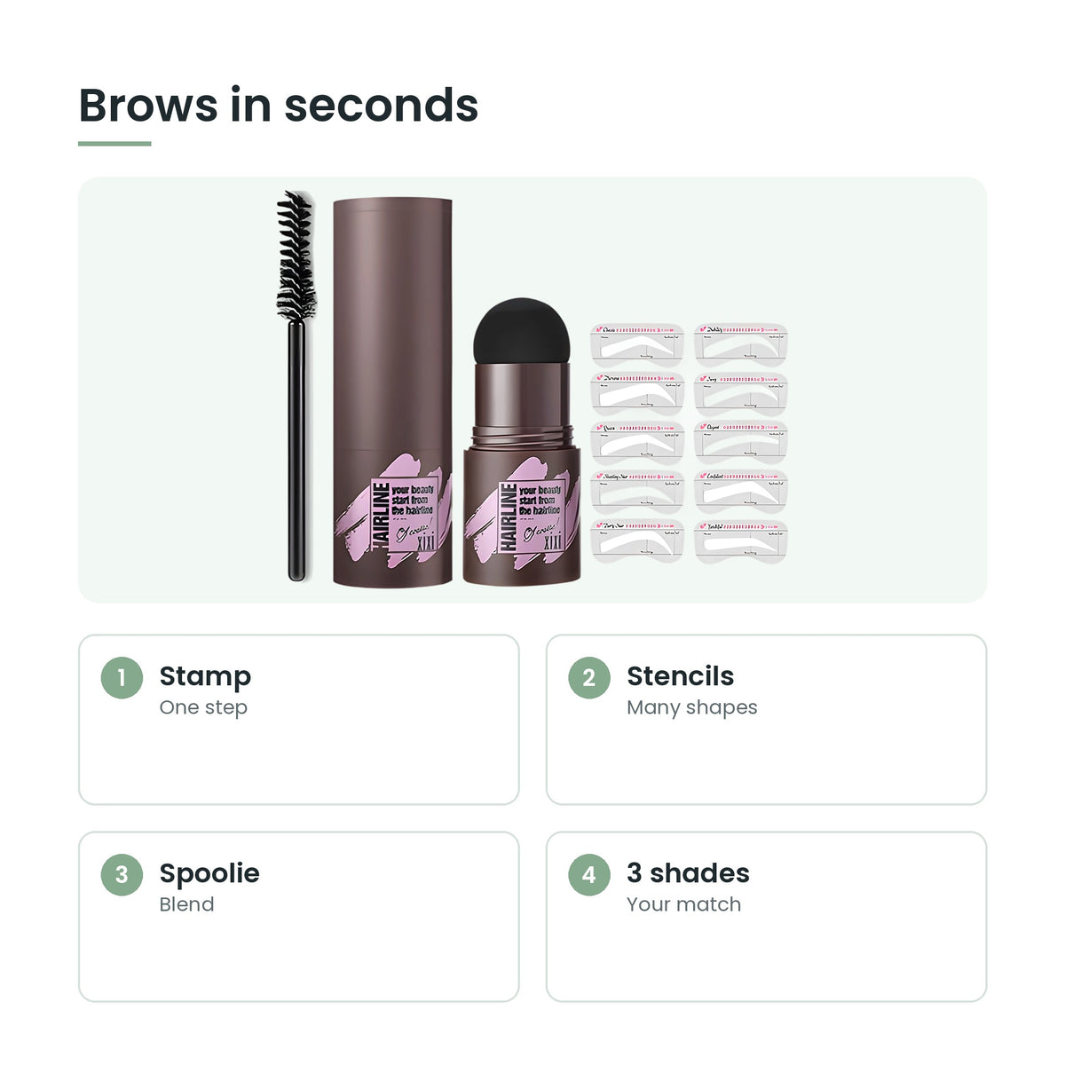 Eyebrow stamp and stencil kit key features: stamp, stencils, spoolie, 3 shades
