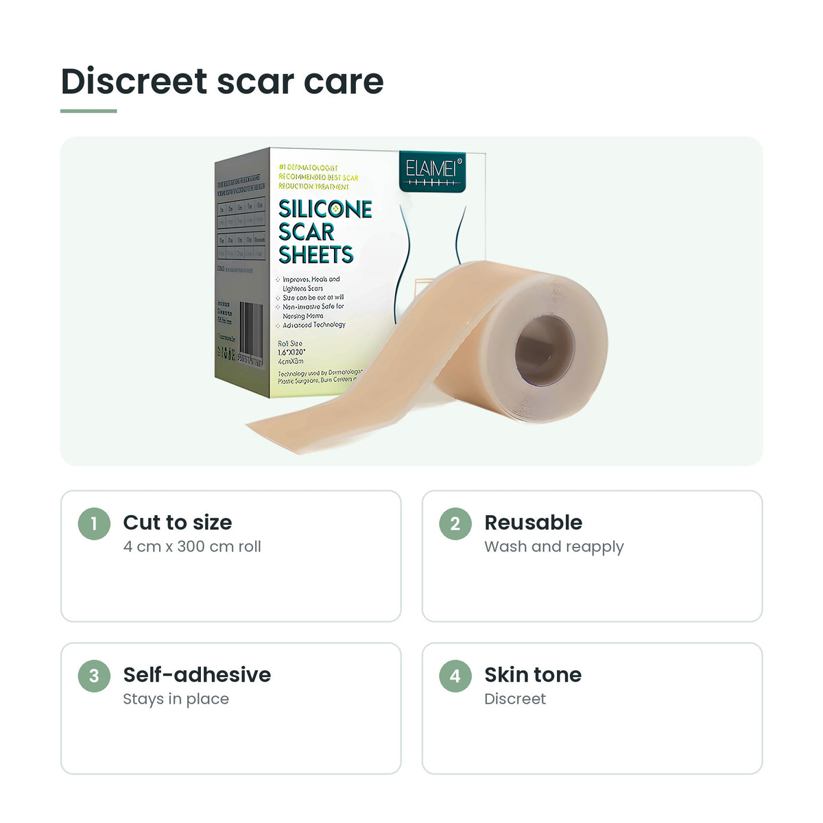 Silicone scar tape roll key features: cut to size, reusable, self-adhesive, skin tone
