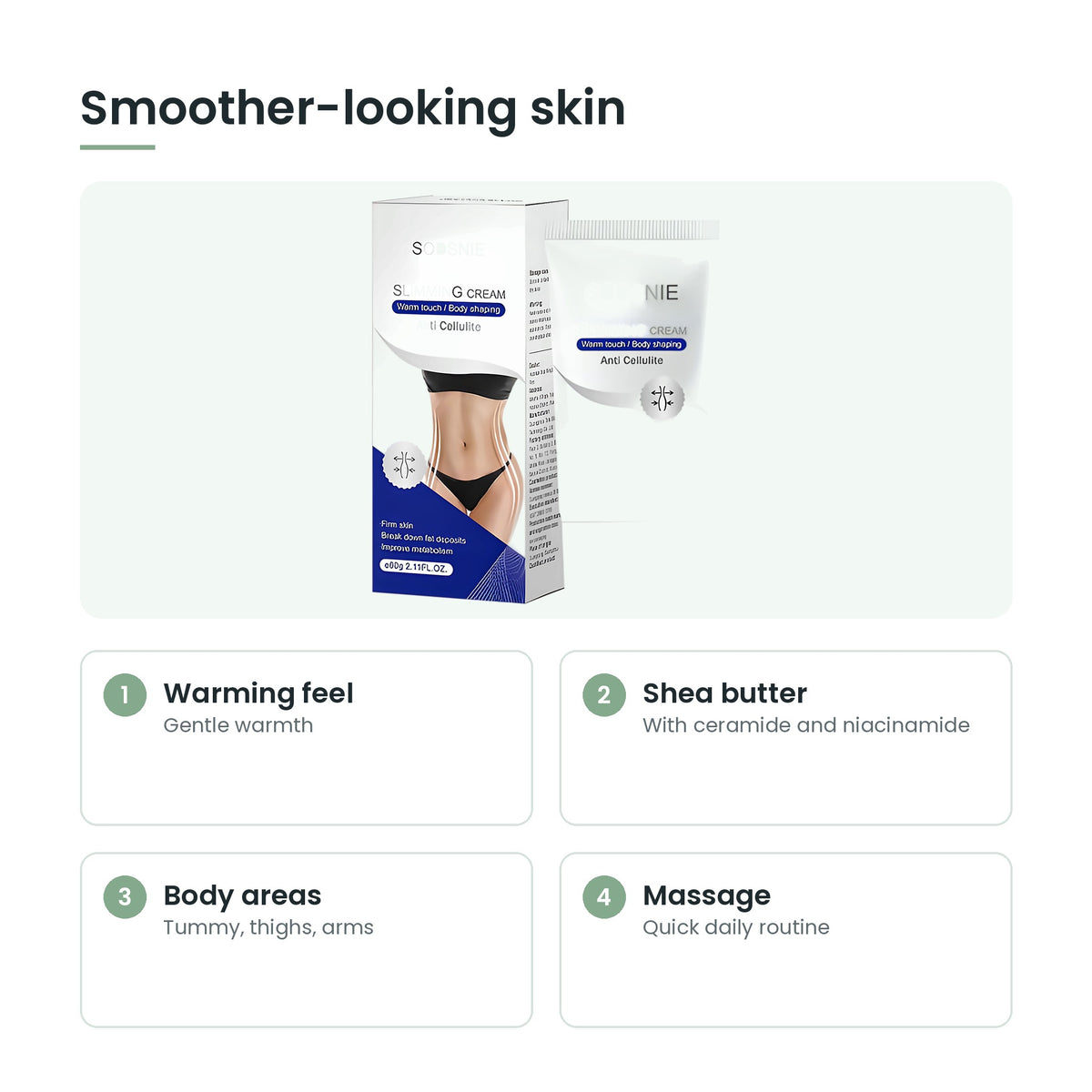 Firming body cream key features: warming feel, shea butter, body areas, massage