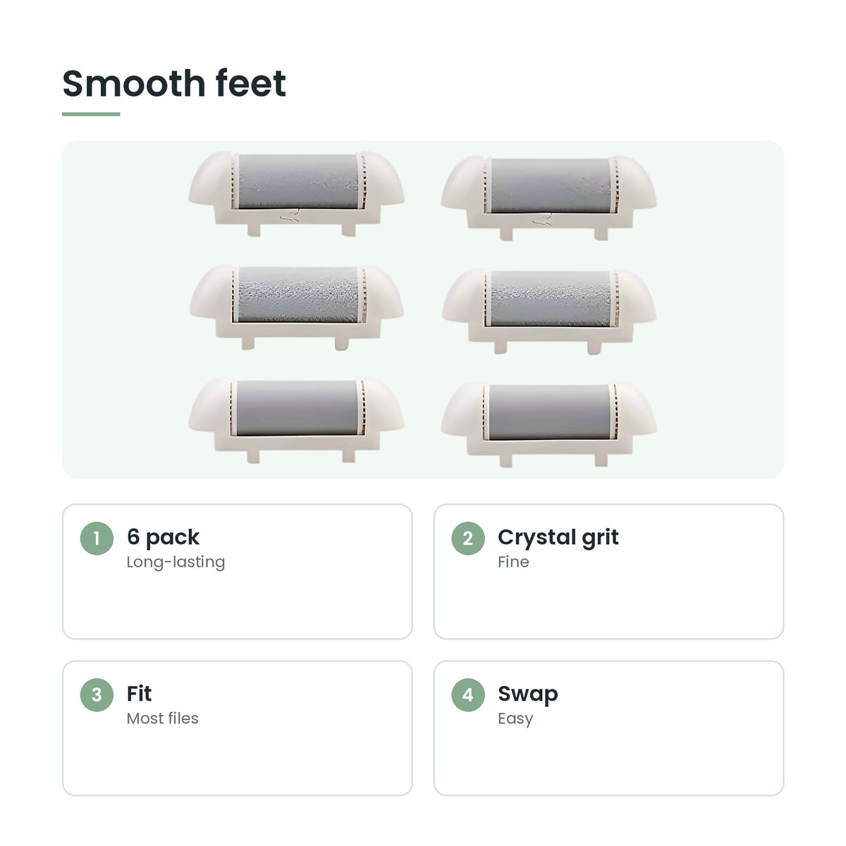 Foot file roller heads key features: 6 pack, crystal grit, fit, swap