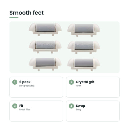 Foot file roller heads key features: 6 pack, crystal grit, fit, swap