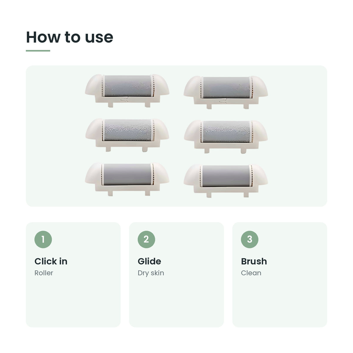How to use the foot file roller heads: click in, glide, brush