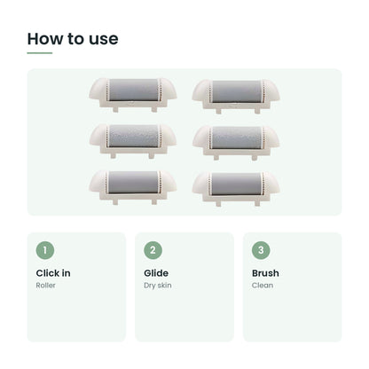 How to use the foot file roller heads: click in, glide, brush