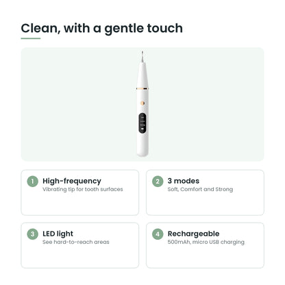 Tooth cleaner key features: vibration, 3 modes, LED light, two tips