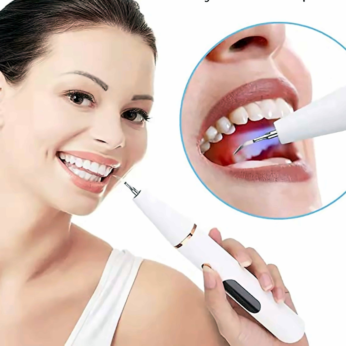 Woman using the electric tooth cleaner with LED light