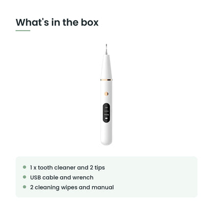 What's in the box: tooth cleaner, two tips, USB cable, wrench, wipes, manual