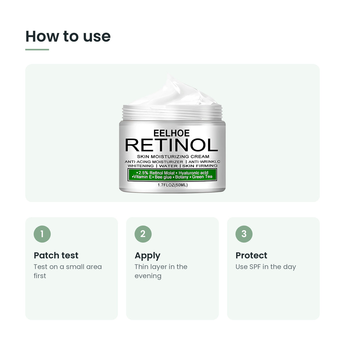 How to use the retinol moisturising cream: patch test, apply, protect