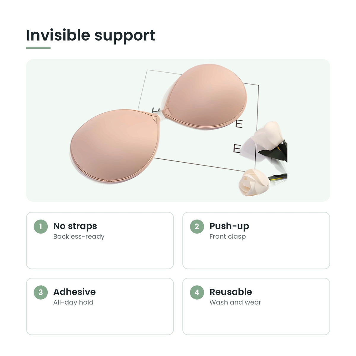 Self-adhesive strapless bra key features: no straps, push-up, adhesive, reusable