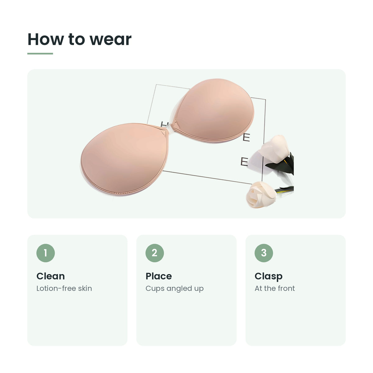 How to use the self-adhesive strapless bra: clean, place, clasp