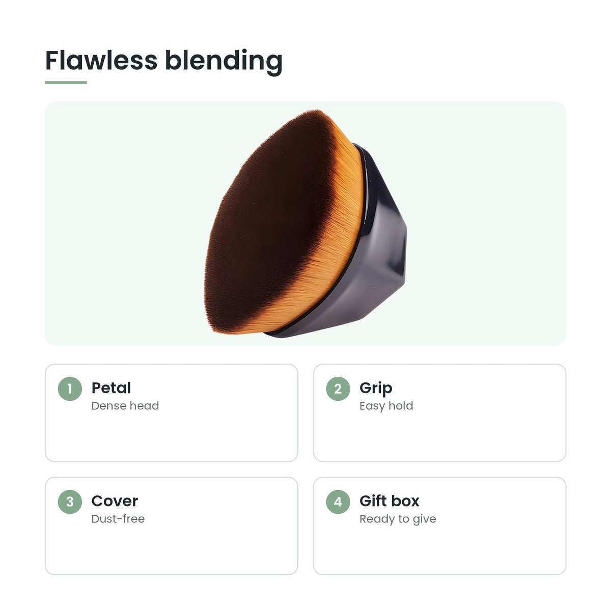 Petal foundation brush key features: petal, grip, cover, gift box