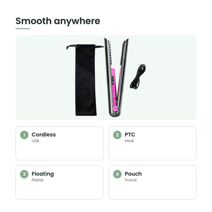 Cordless flat iron key features: cordless, ptc, floating, pouch