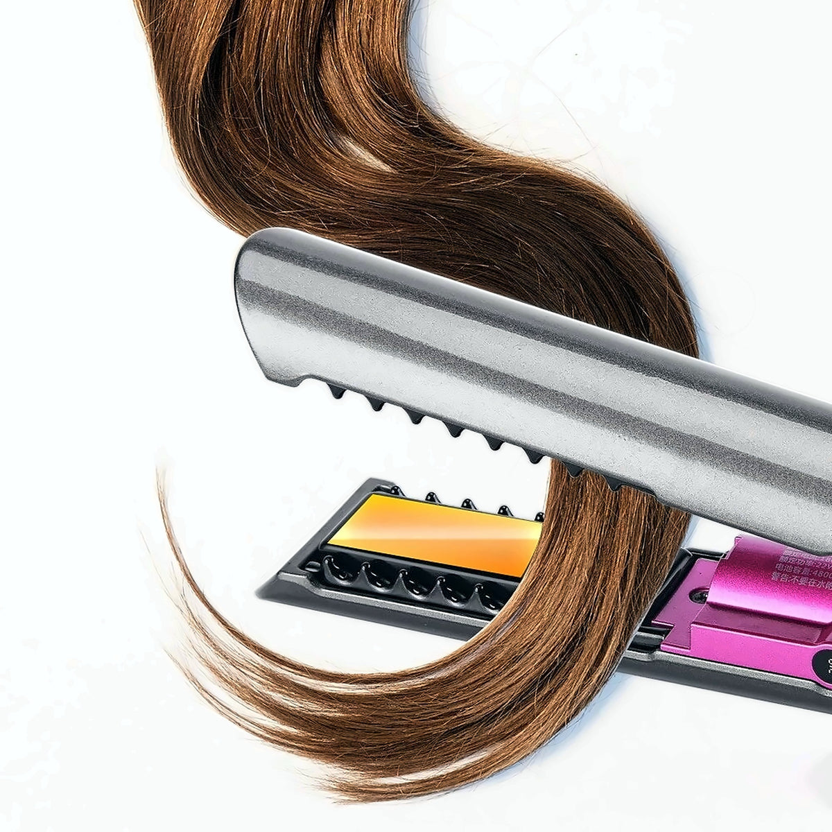 Cordless flat iron in use