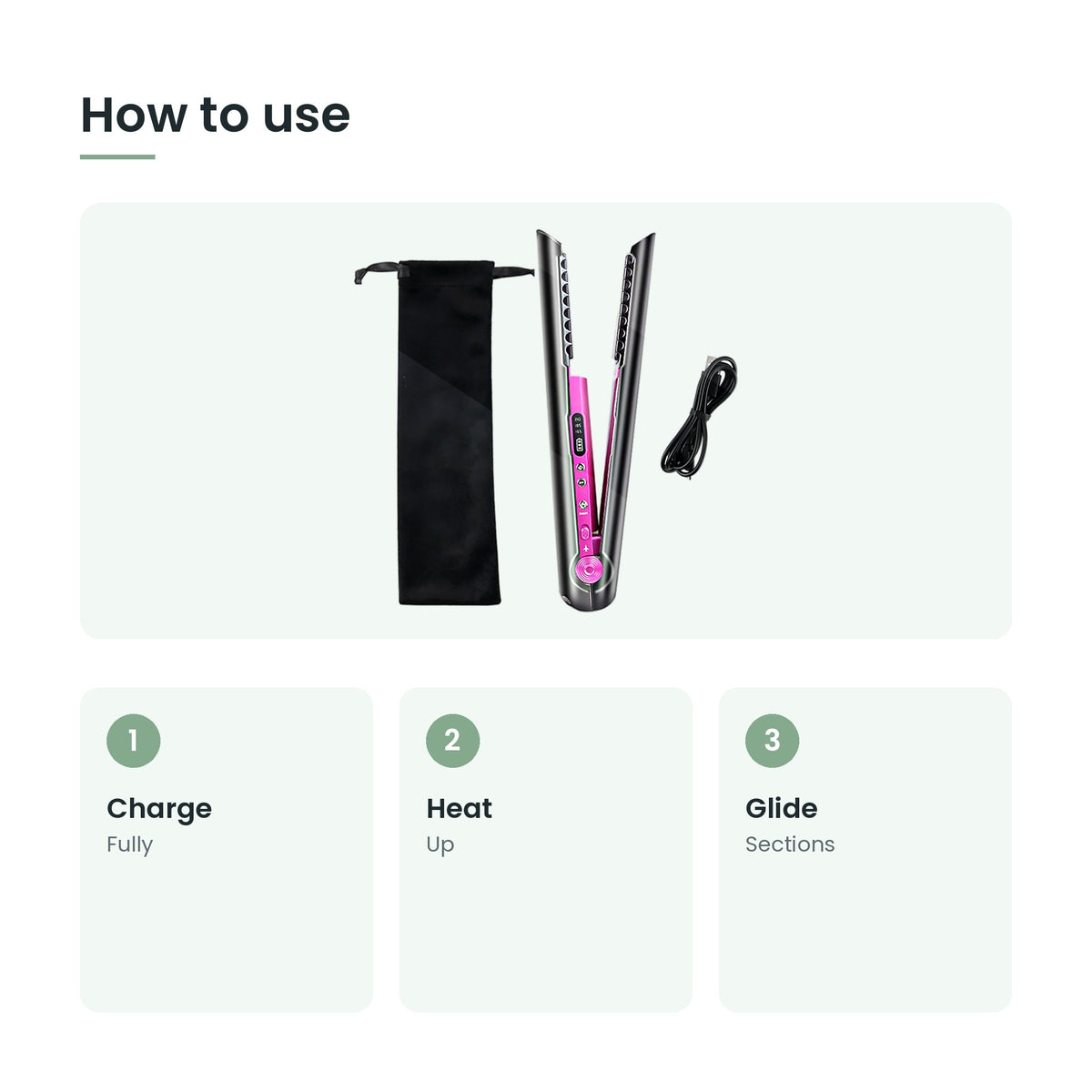 How to use the cordless flat iron: charge, heat, glide