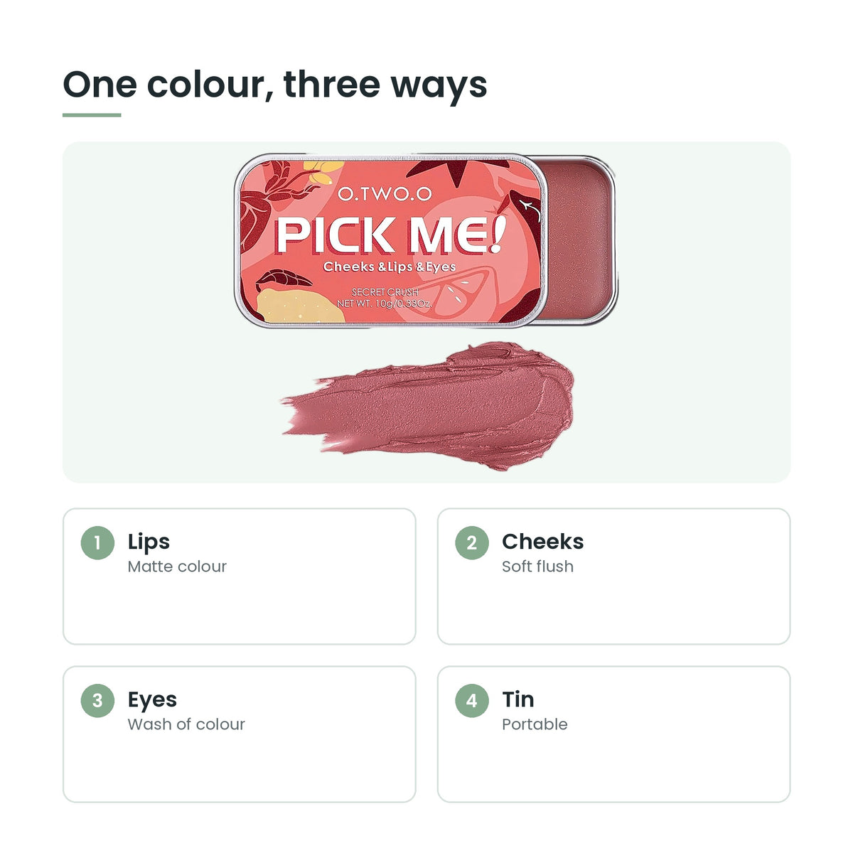 3-in-1 lip, cheek and eye colour key features: lips, cheeks, eyes, tin
