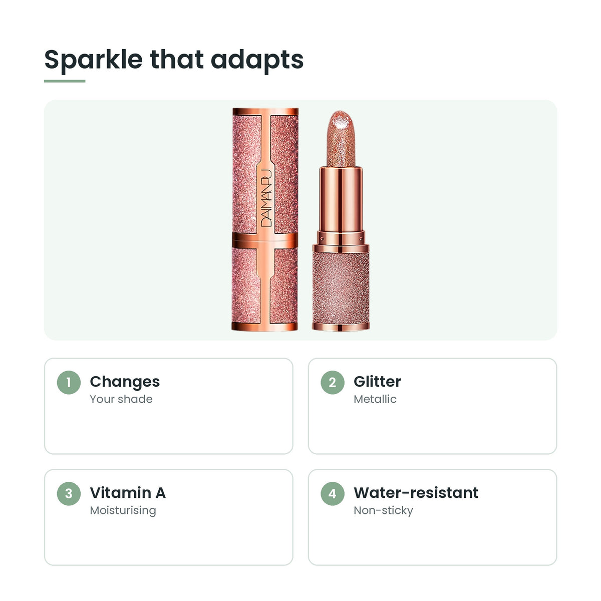 Glitter colour-changing lipstick key features: changes, glitter, vitamin a, water-resistant