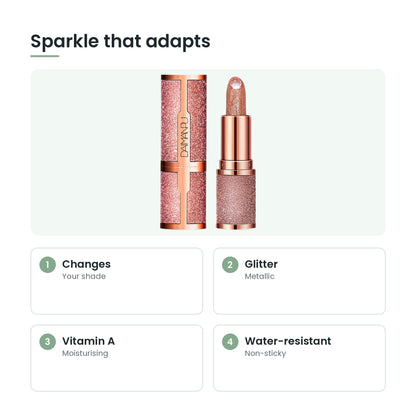 Glitter colour-changing lipstick key features: changes, glitter, vitamin a, water-resistant