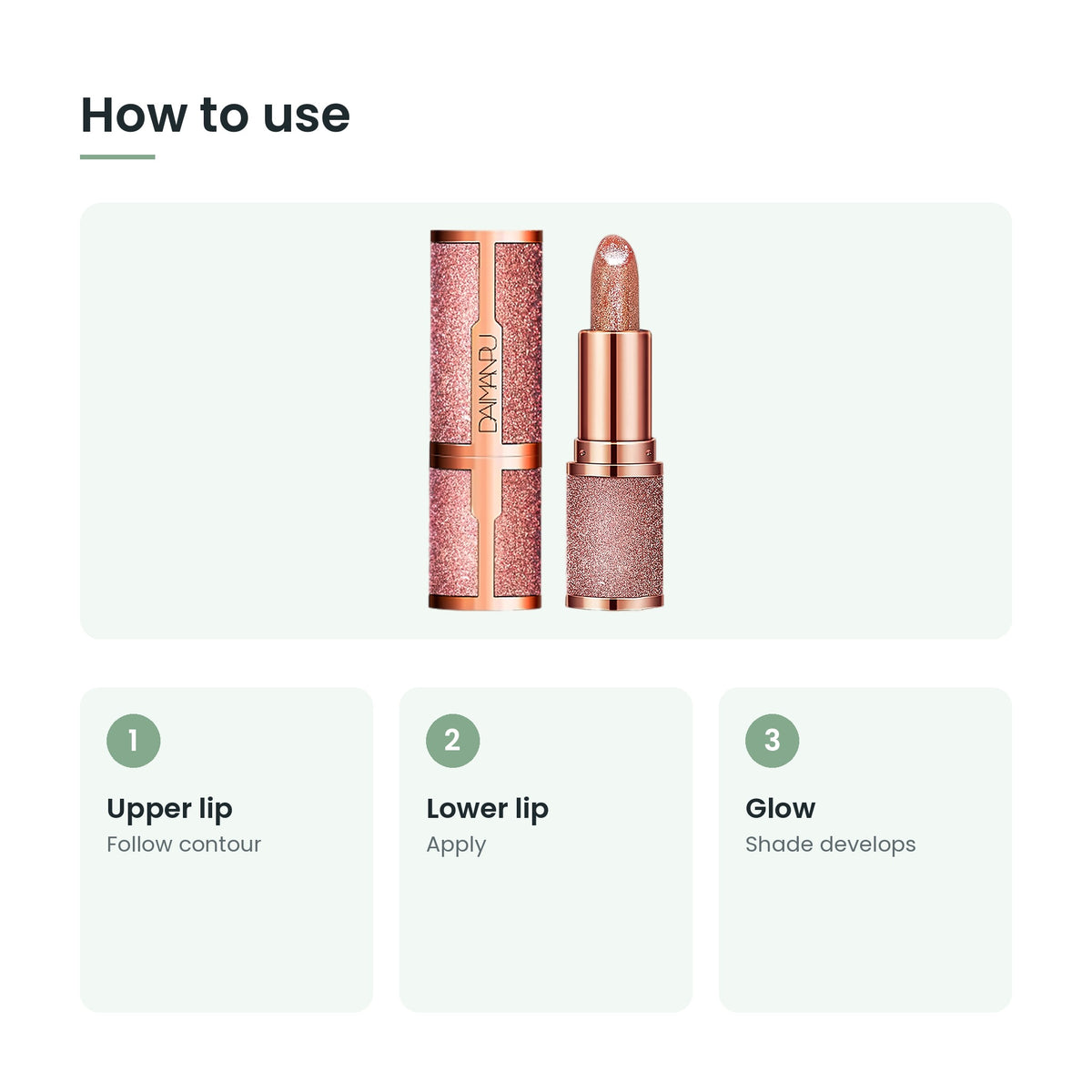 How to use the glitter colour-changing lipstick: upper lip, lower lip, glow