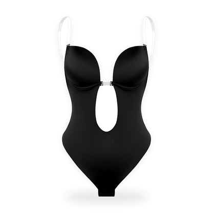Black deep V backless body shaper with clear straps