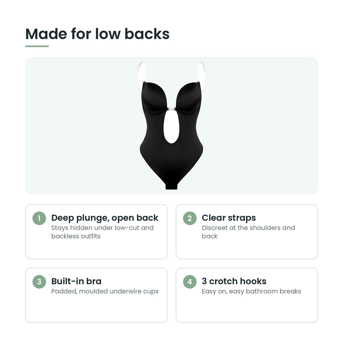 Body shaper key features: plunge front, clear straps, built-in bra, crotch hooks