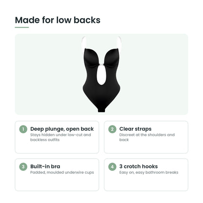 Body shaper key features: plunge front, clear straps, built-in bra, crotch hooks