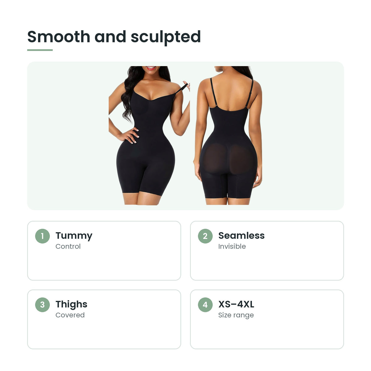 Seamless shaping bodysuit key features: tummy, seamless, thighs, xs–4xl