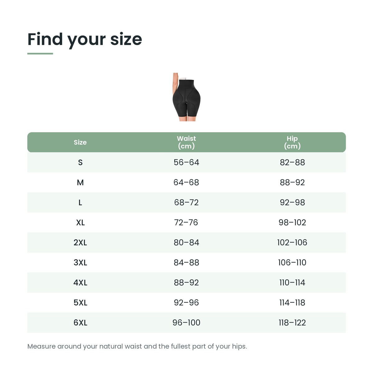 Padded hip shaper shorts size guide