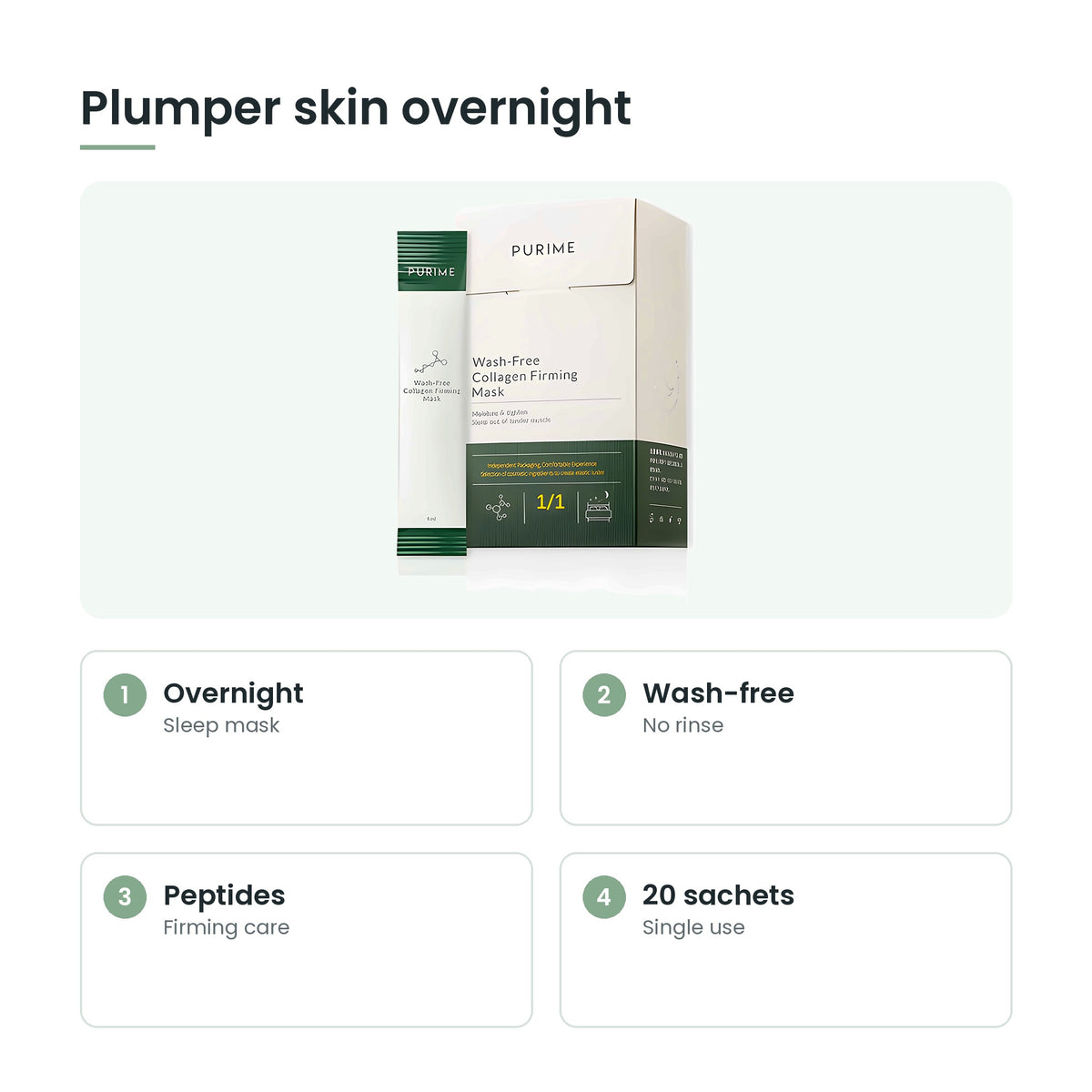 Collagen overnight firming mask key features: overnight, wash-free, peptides, 20 sachets