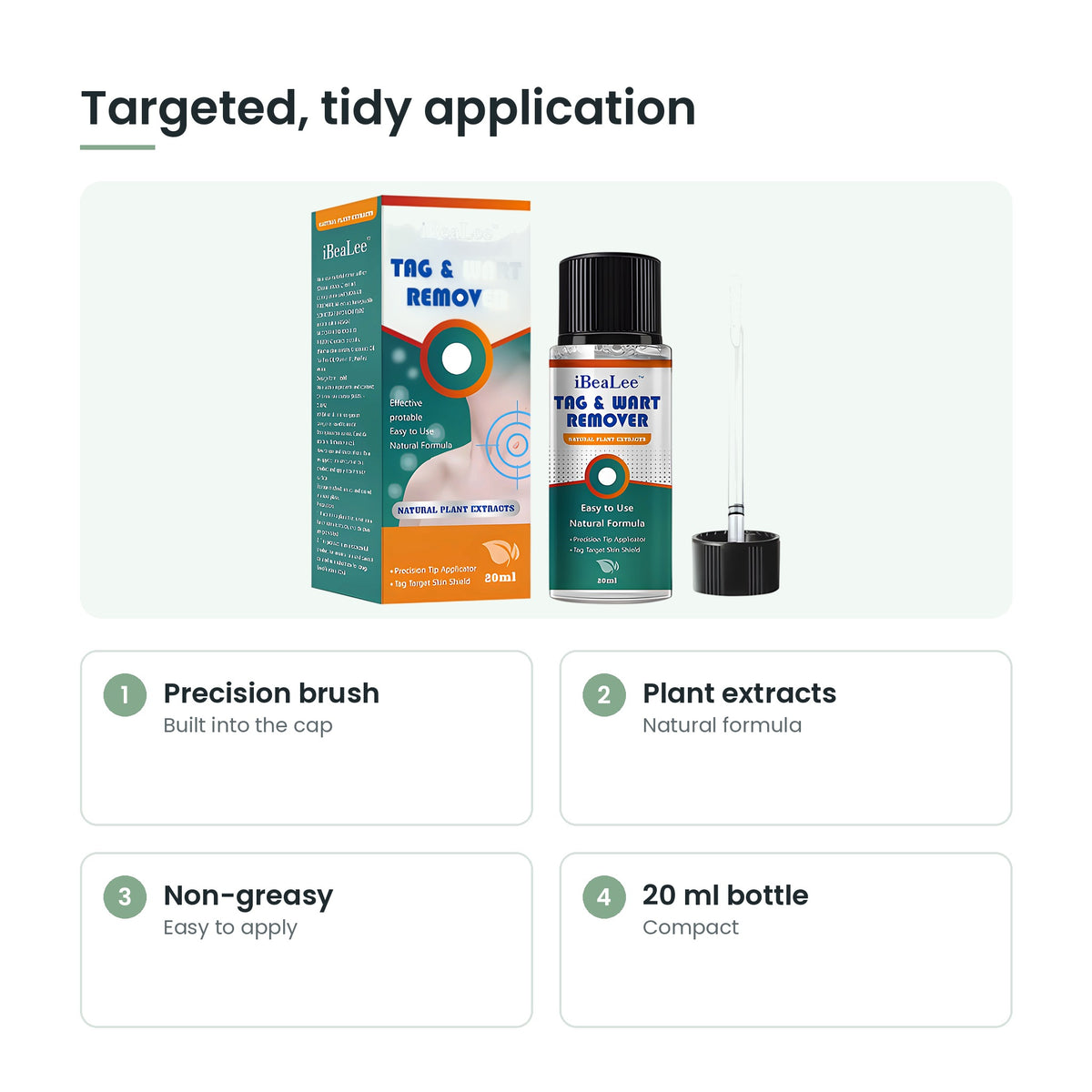 Skin tag care oil key features: precision brush, plant extracts, non-greasy, 20 ml bottle