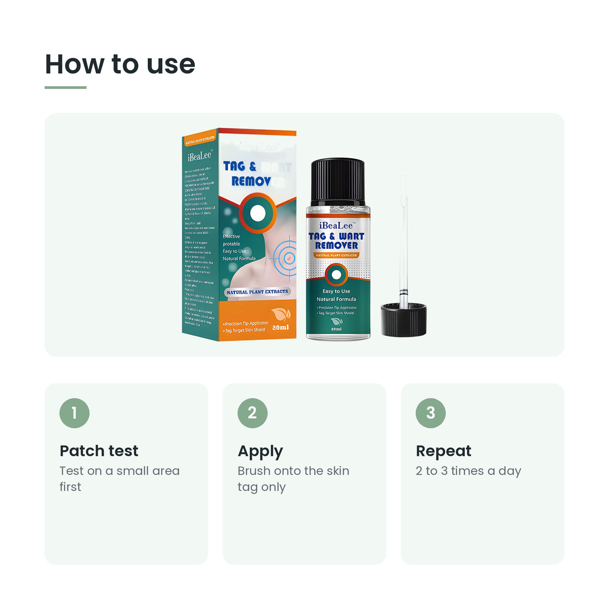 How to use the skin tag care oil: patch test, apply, repeat