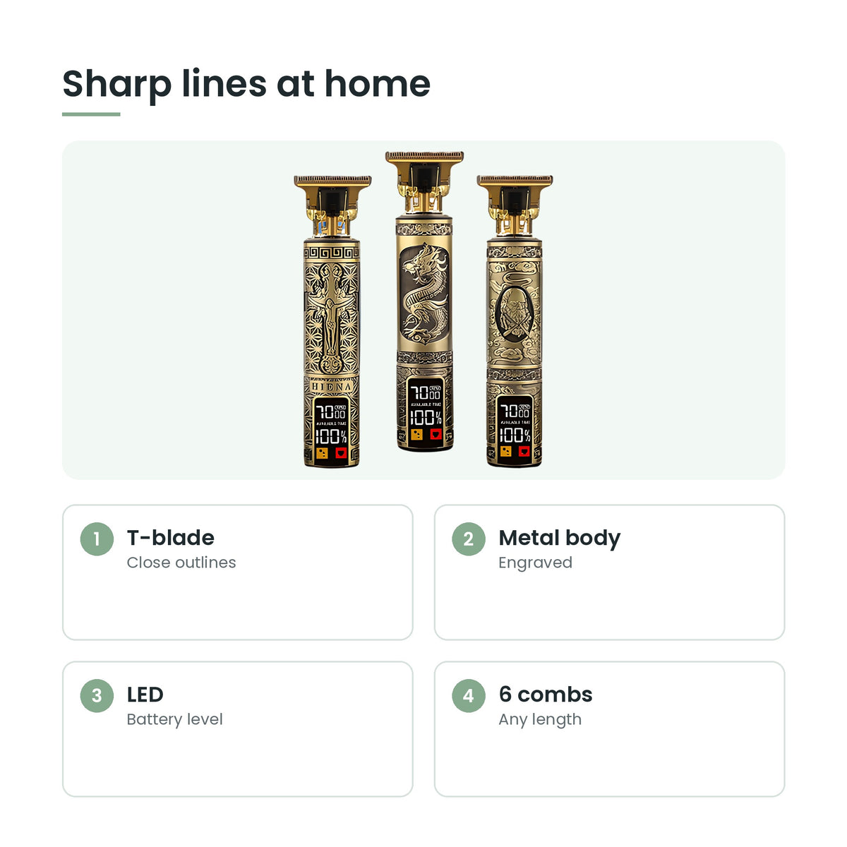T-blade cordless hair clipper key features: t-blade, metal body, led, 6 combs