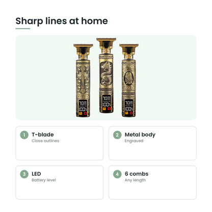 T-blade cordless hair clipper key features: t-blade, metal body, led, 6 combs