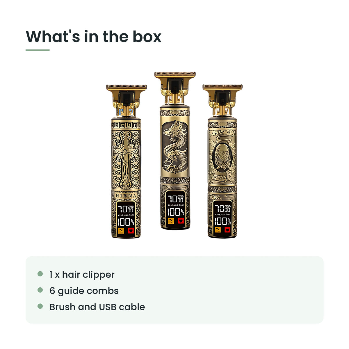 What's in the box: 1 x hair clipper, 6 guide combs, brush and usb cable
