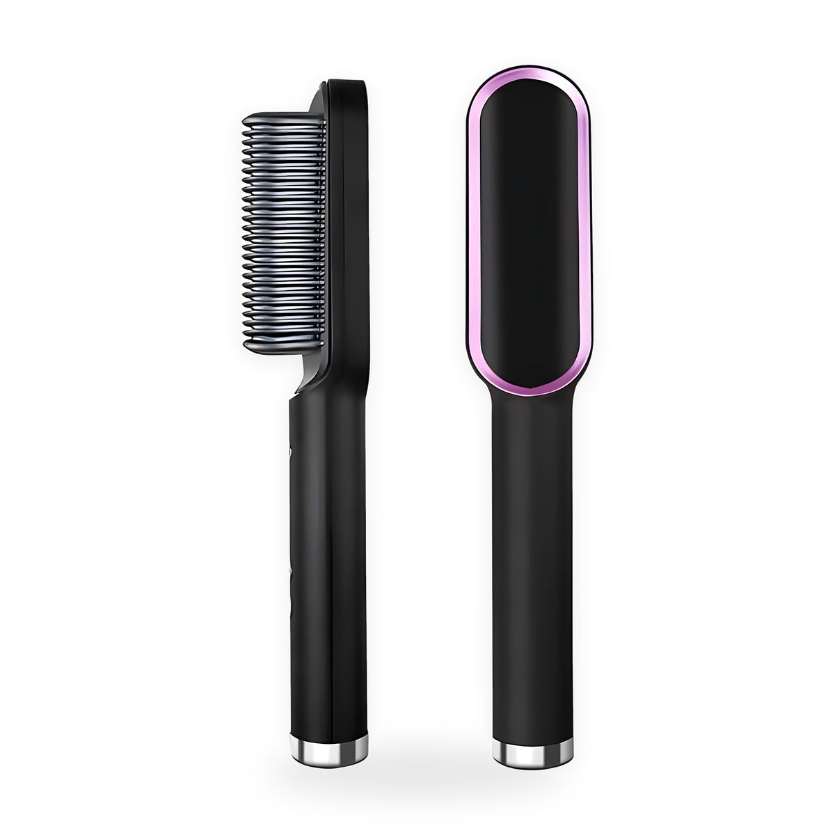 Black heated hair straightening brush, front and side