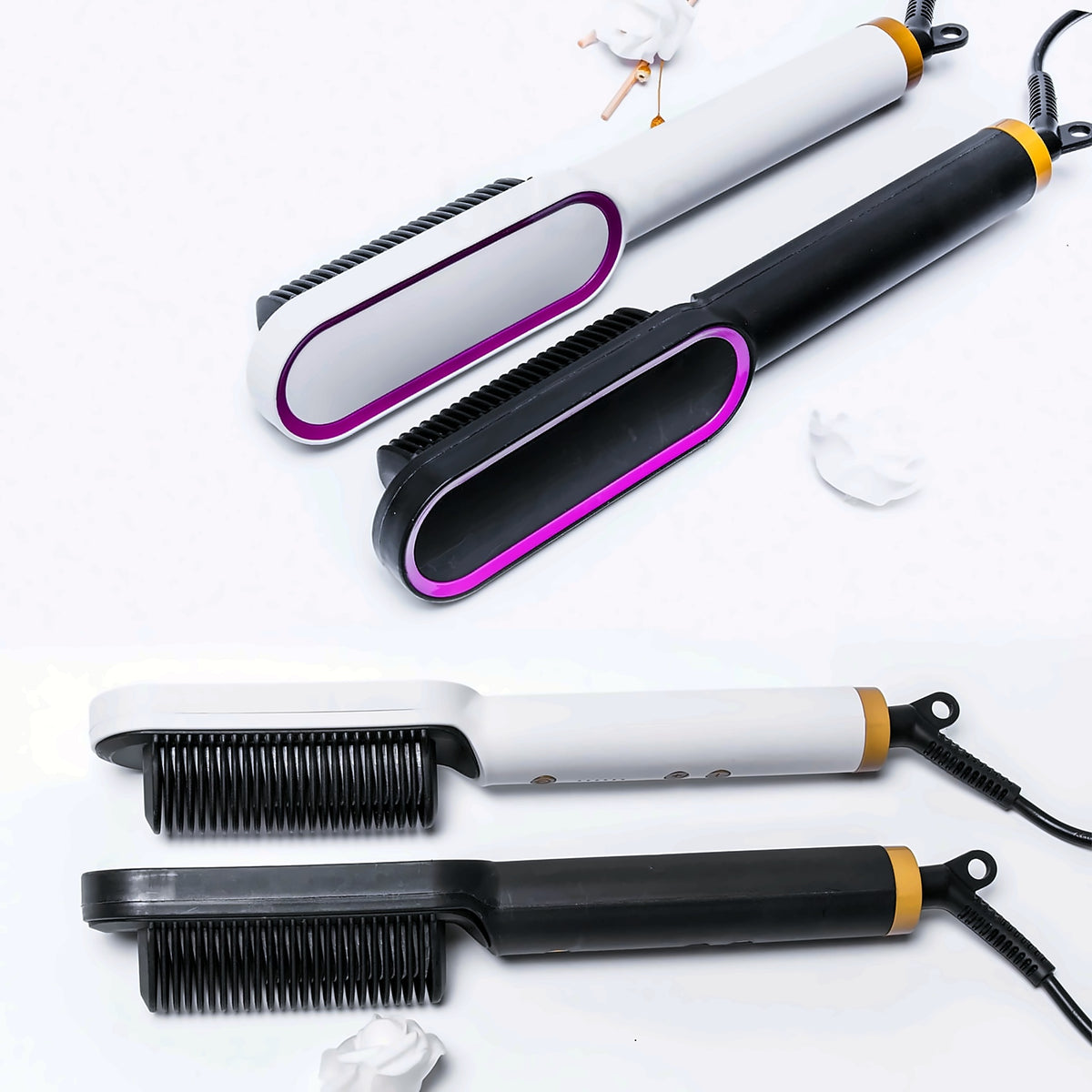 Black and white heated straightening brushes