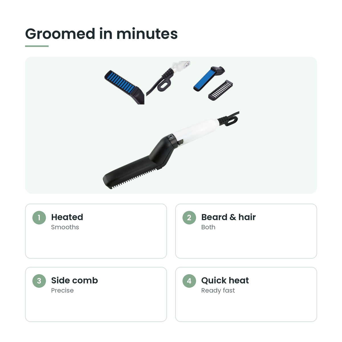 Heated beard straightening comb key features: heated, beard & hair, side comb, quick heat