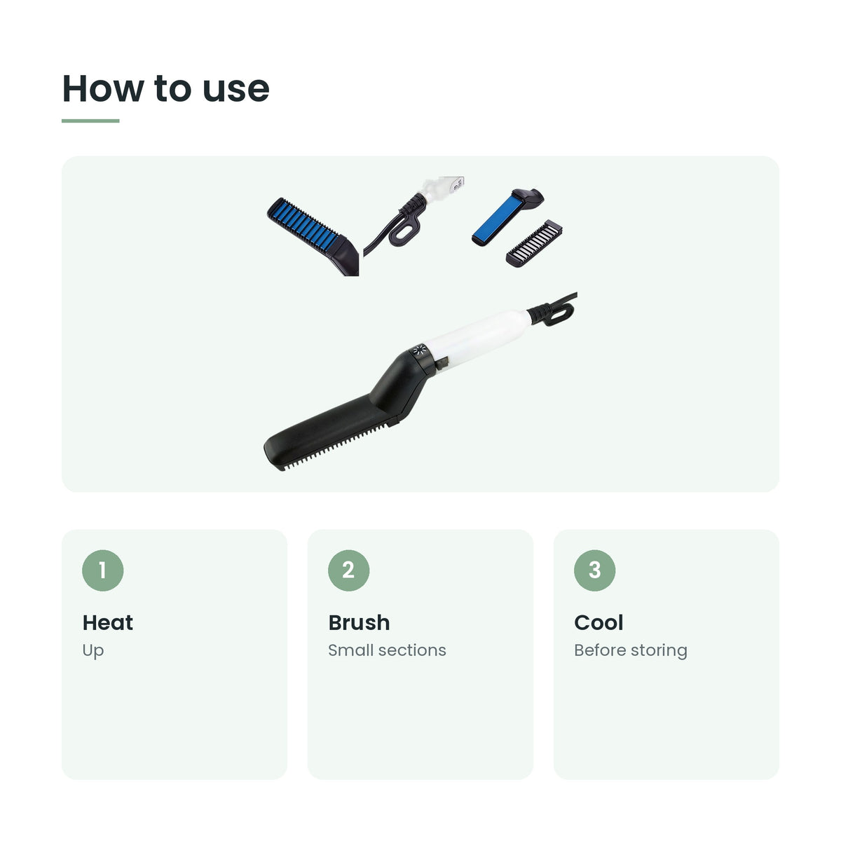 How to use the heated beard straightening comb: heat, brush, cool