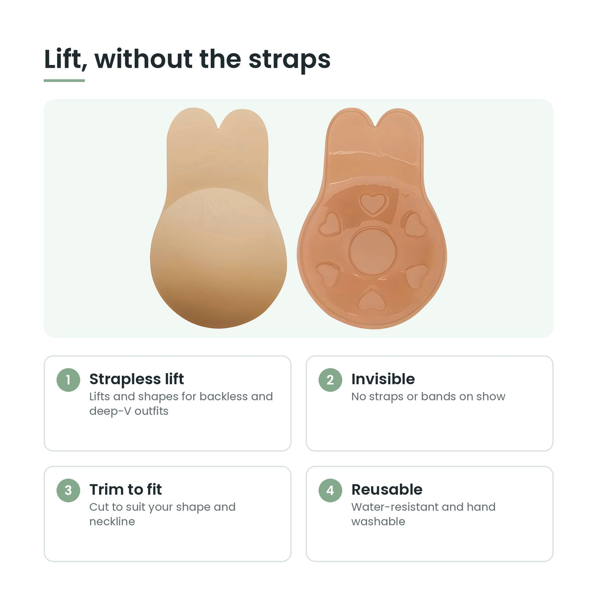 Bra tape key features: strapless lift, invisible, trimmable, reusable