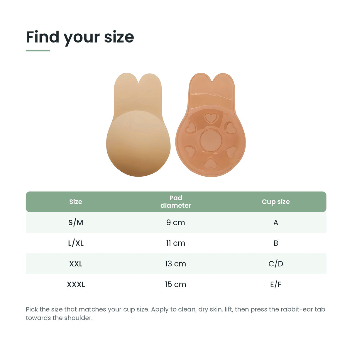 Bra tape size guide by pad diameter and cup size