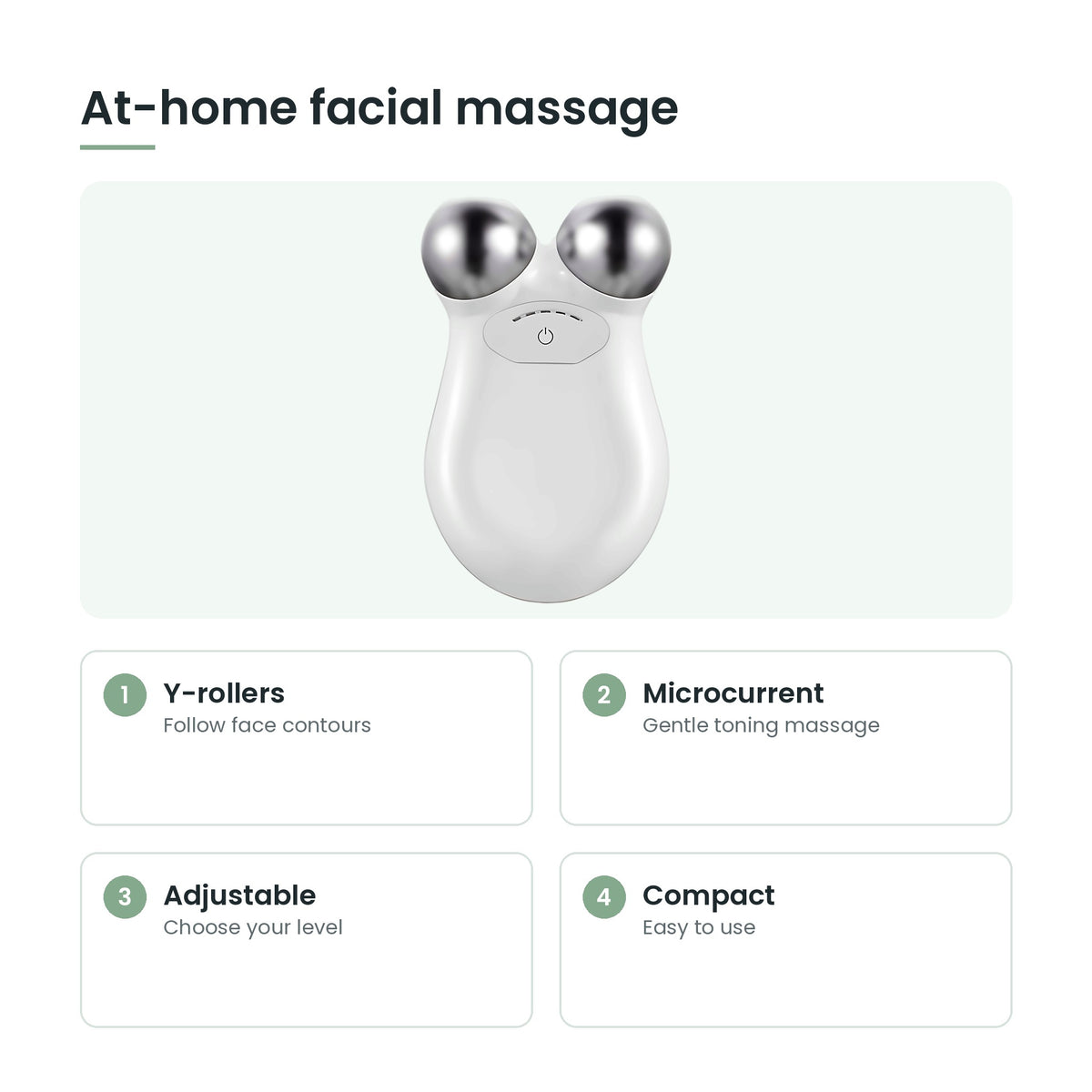 Microcurrent facial massager key features: y-rollers, microcurrent, adjustable, compact