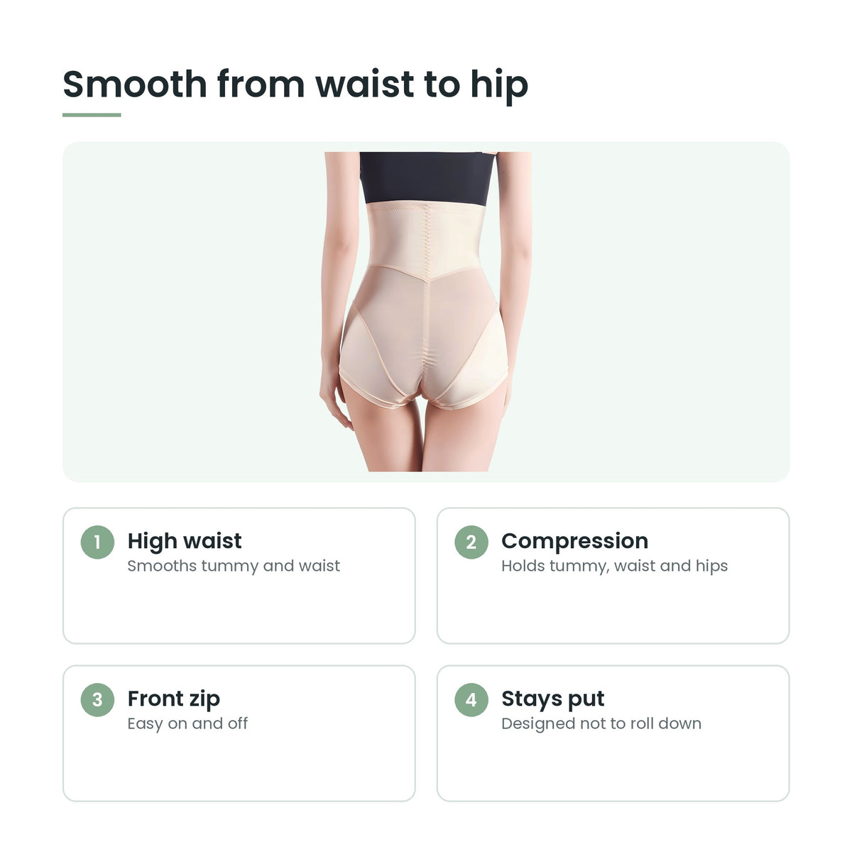 Tummy control knickers key features: high waist, compression, front zip, breathable