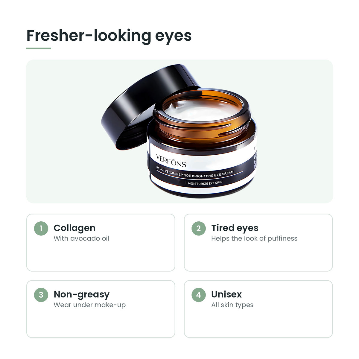 Under-eye cream key features: collagen, tired eyes, non-greasy, unisex