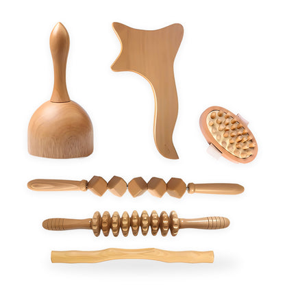 Wooden body massage tools set on a white background