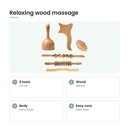 Wooden body massage tools set key features: 6 tools, wood, body, easy care