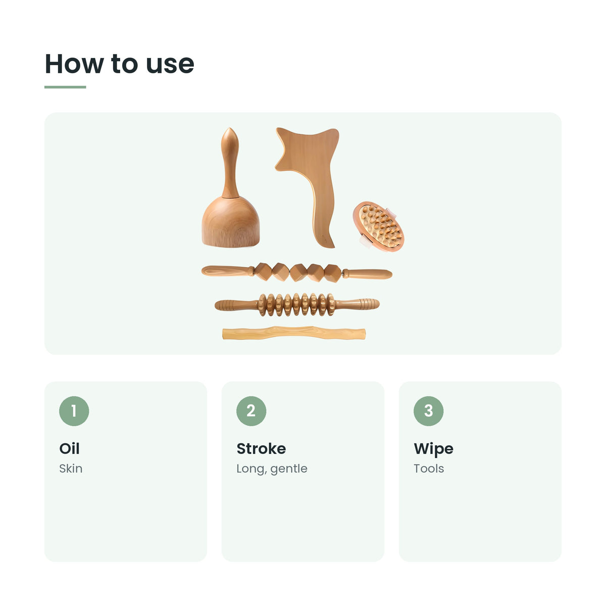 How to use the wooden body massage tools set: oil, stroke, wipe