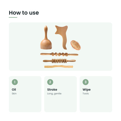 How to use the wooden body massage tools set: oil, stroke, wipe
