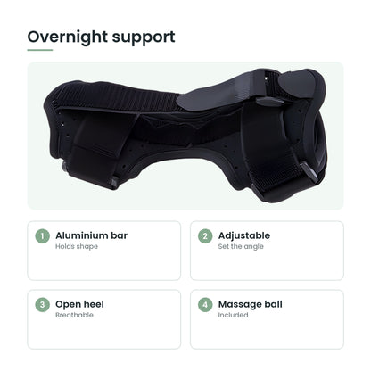 Adjustable dorsal night splint key features: aluminium bar, adjustable, open heel, massage ball