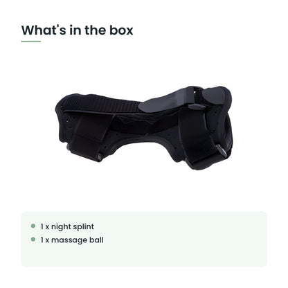 What's in the box: 1 x night splint, 1 x massage ball