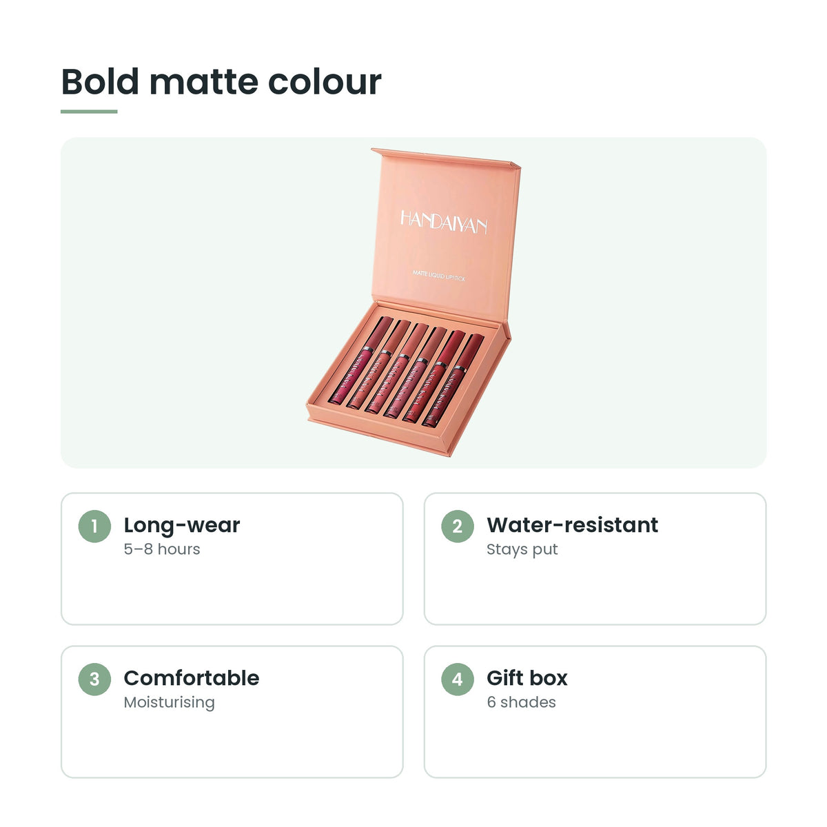Matte liquid lipstick set key features: long-wear, water-resistant, comfortable, gift box